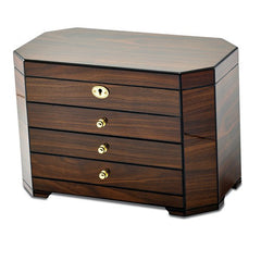 Luxury Giftware by Jere High Gloss Walnut Veneer with Black Accents 3-drawer Locking Wooden Jewelry Box