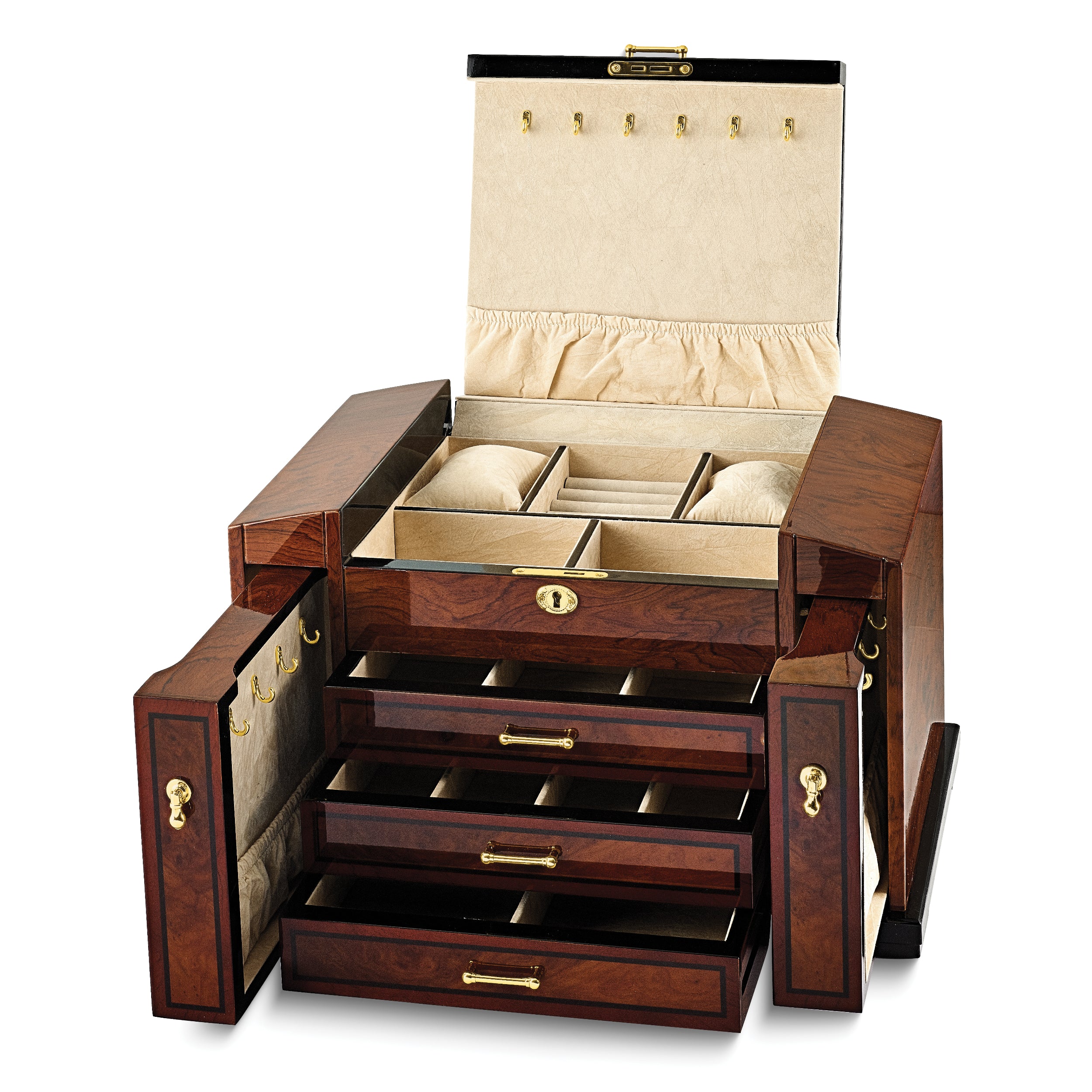 Luxury Giftware by Jere High Gloss Bubinga Veneer w/Elm Burl Inlay 3-drawer with Slide-out Sides Locking Wooden Jewelry Box