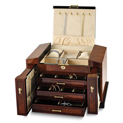 Luxury Giftware by Jere High Gloss Bubinga Veneer w/Elm Burl Inlay 3-drawer with Slide-out Sides Locking Wooden Jewelry Box