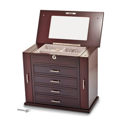 Luxury Giftware Matte Mahogany Finish Poplar Veneer 4-drawer w/Swing-out Sides Locking Wooden Jewelry Box