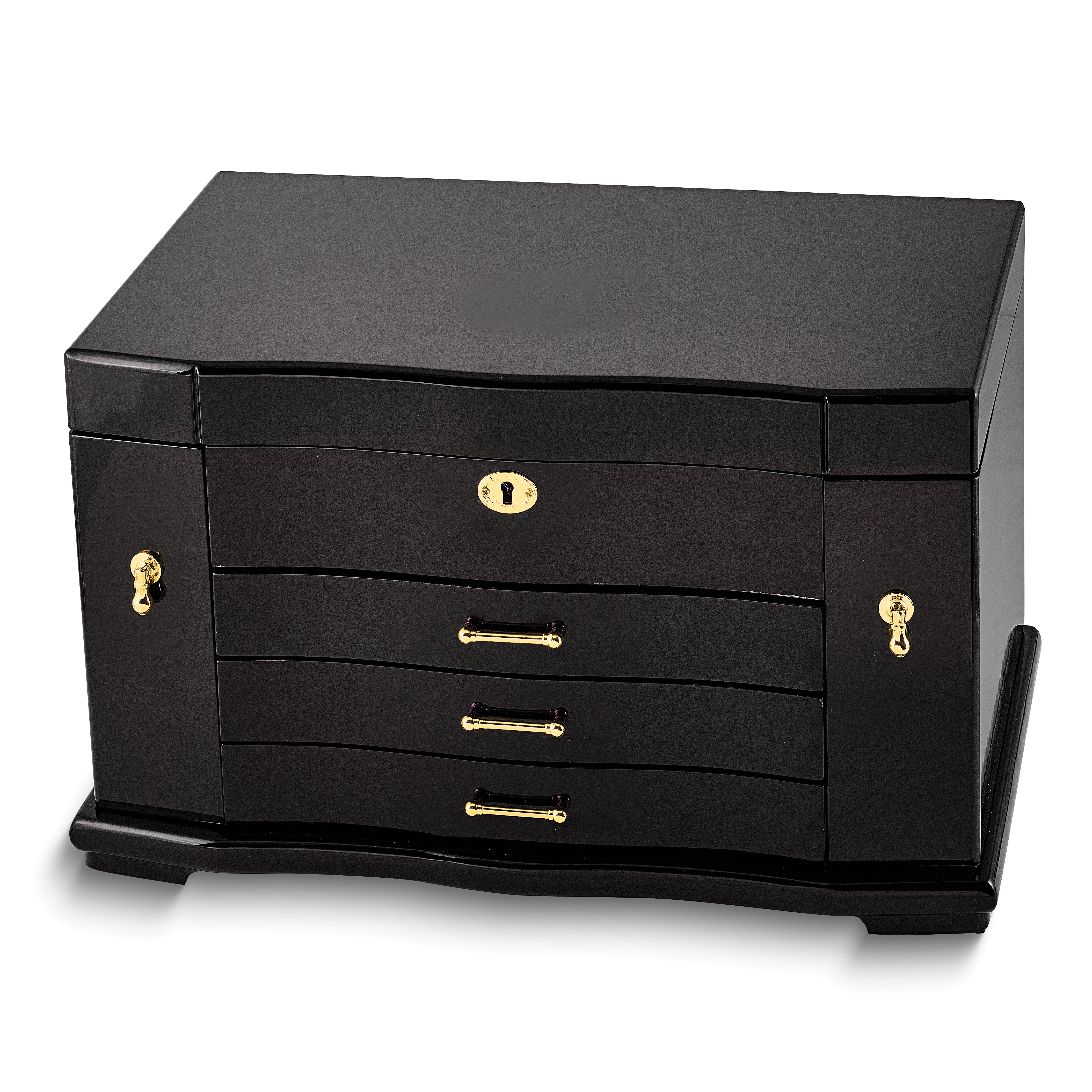 Luxury Giftware High Gloss Walnut Burl Veneer 3-drawer with Swing-out Sides Locking Wooden Jewelry Box