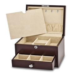 Luxury Giftware Matte Mahogany Finish Poplar Veneer 1-drawer w/Hidden Storage Locking Wooden Jewelry Chest