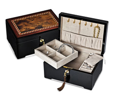 Luxury Giftware High Gloss Black Enamel w/Dark Burl Veneer and Italian Scrolled Borders Locking Wooden Jewelry Box