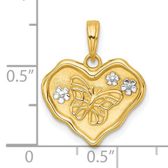 14k with White Rhodium Polished And Brushed Butterfly and Flowers In Wavy Heart Pendant
