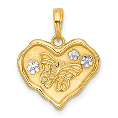 14k with White Rhodium Polished And Brushed Butterfly and Flowers In Wavy Heart Pendant