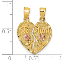 14k Two-tone Polished Break-Apart Heart With TE AMO And Roses Pendant
