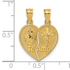 14k Polished Spanish TE AMO Our Lady of Guadalupe and Crucifix Break-apart Heart Pendant