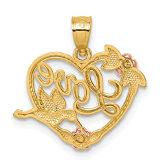 14k Two-tone and White Rhodium Polished LOVE Floral And Bird Heart Pendant