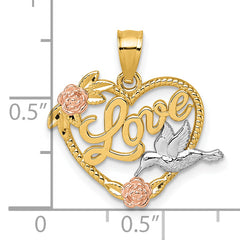 14k Two-tone and White Rhodium Polished LOVE Floral And Bird Heart Pendant