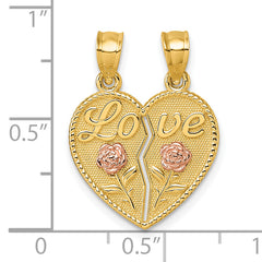 14k Two-tone Polished Break-Apart Heart With LOVE And Roses Pendant