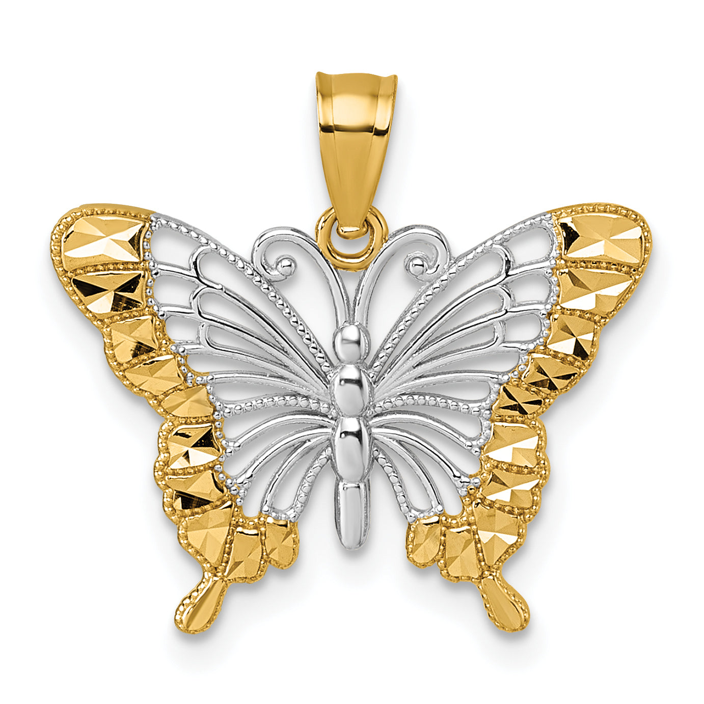 14k and Rhodium Diamond-cut Polished Cut-out Butterfly Pendant