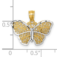 14k Polished with Rhodium Diamond-cut Filigree Butterfly Pendant
