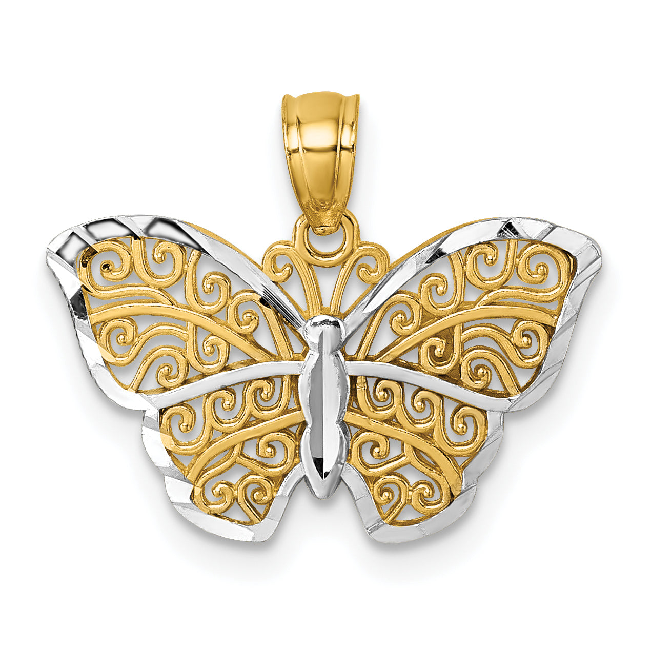 14k Polished with Rhodium Diamond-cut Filigree Butterfly Pendant