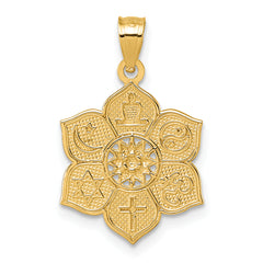 14k Polished And Textured Multi-faith Symbol Flower Pendant
