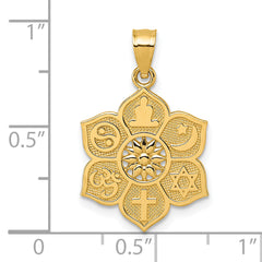 14k Polished And Textured Multi-faith Symbol Flower Pendant