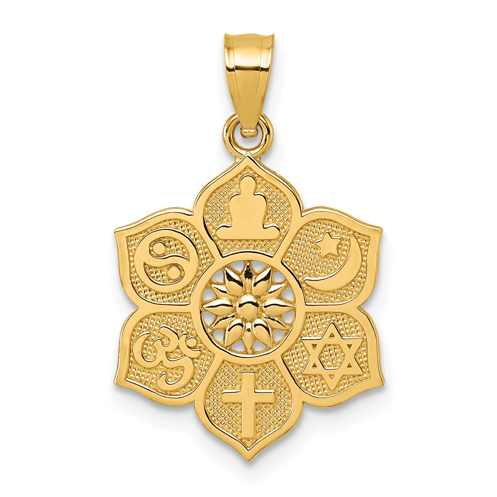 14k Polished And Textured Multi-faith Symbol Flower Pendant