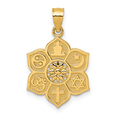14k Polished And Textured Multi-faith Symbol Flower Pendant