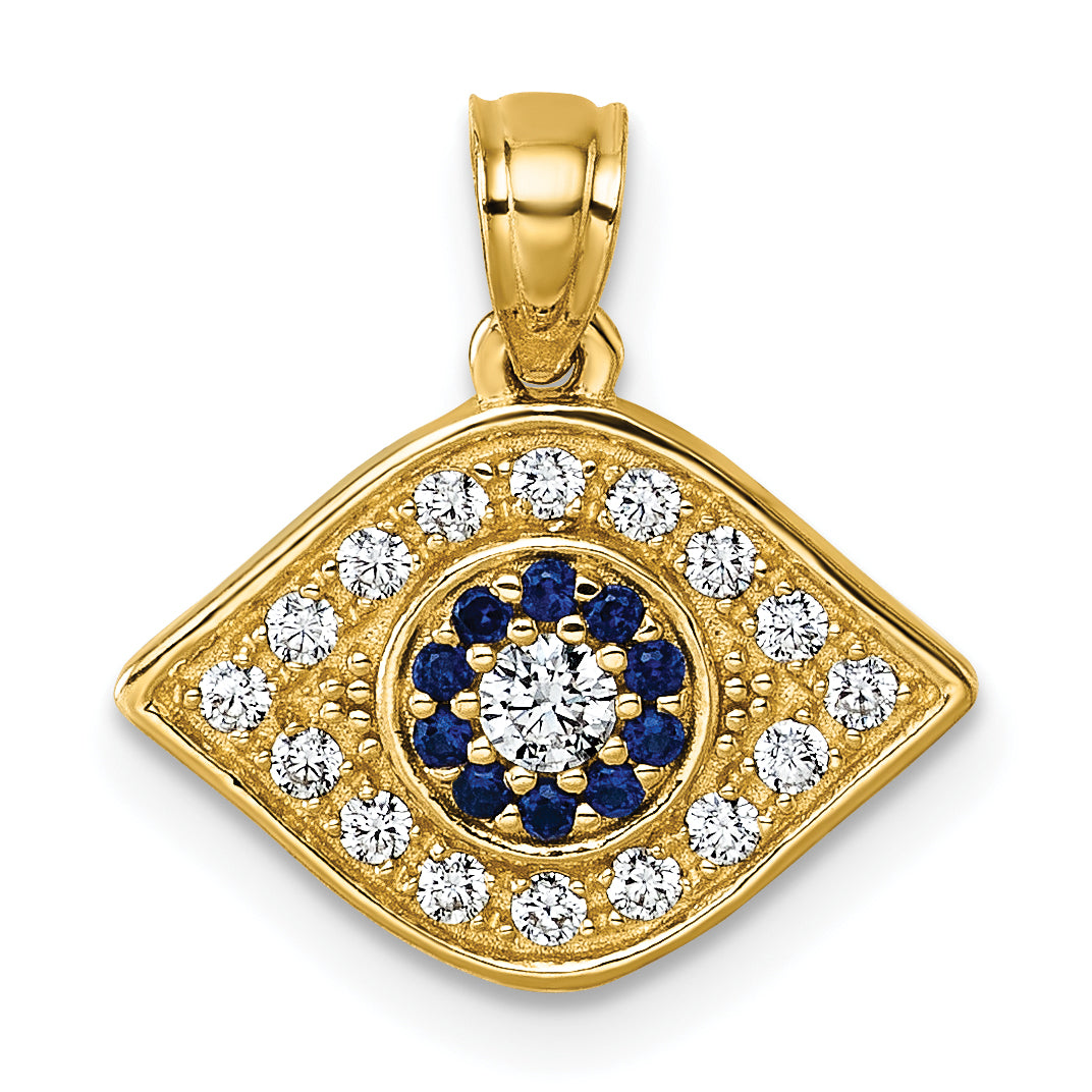 14k Polished Lab Created Blue Spinel and CZ Evil Eye Charm Pendant