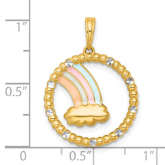 14k with White Rhodium Multi Color Enamel Rainbow With Cloud in Circle Charm