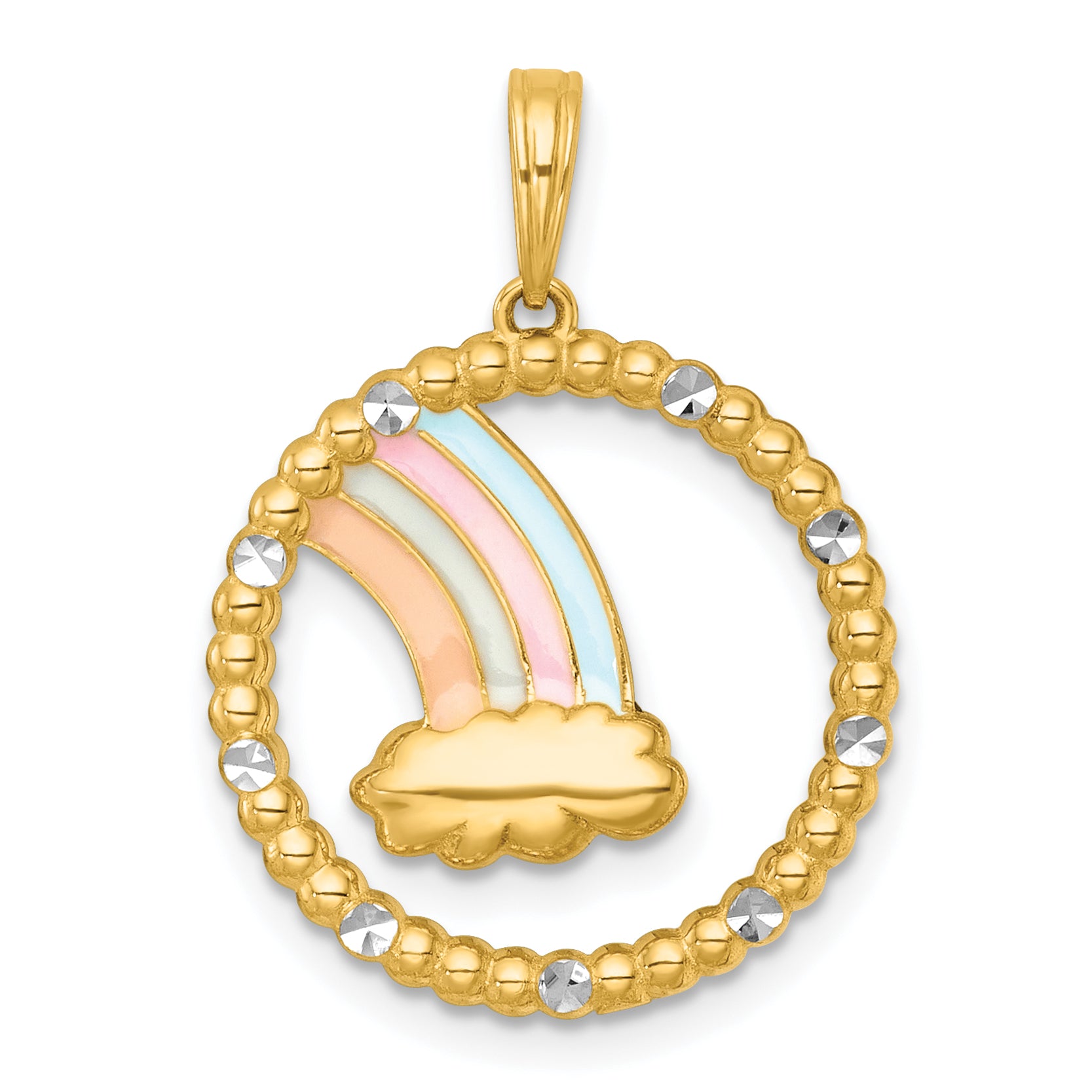 14k with White Rhodium Multi Color Enamel Rainbow With Cloud in Circle Charm