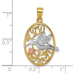14k Two-tone with White Rhodium Polished Hummingbird and Flower Filigree Pendant