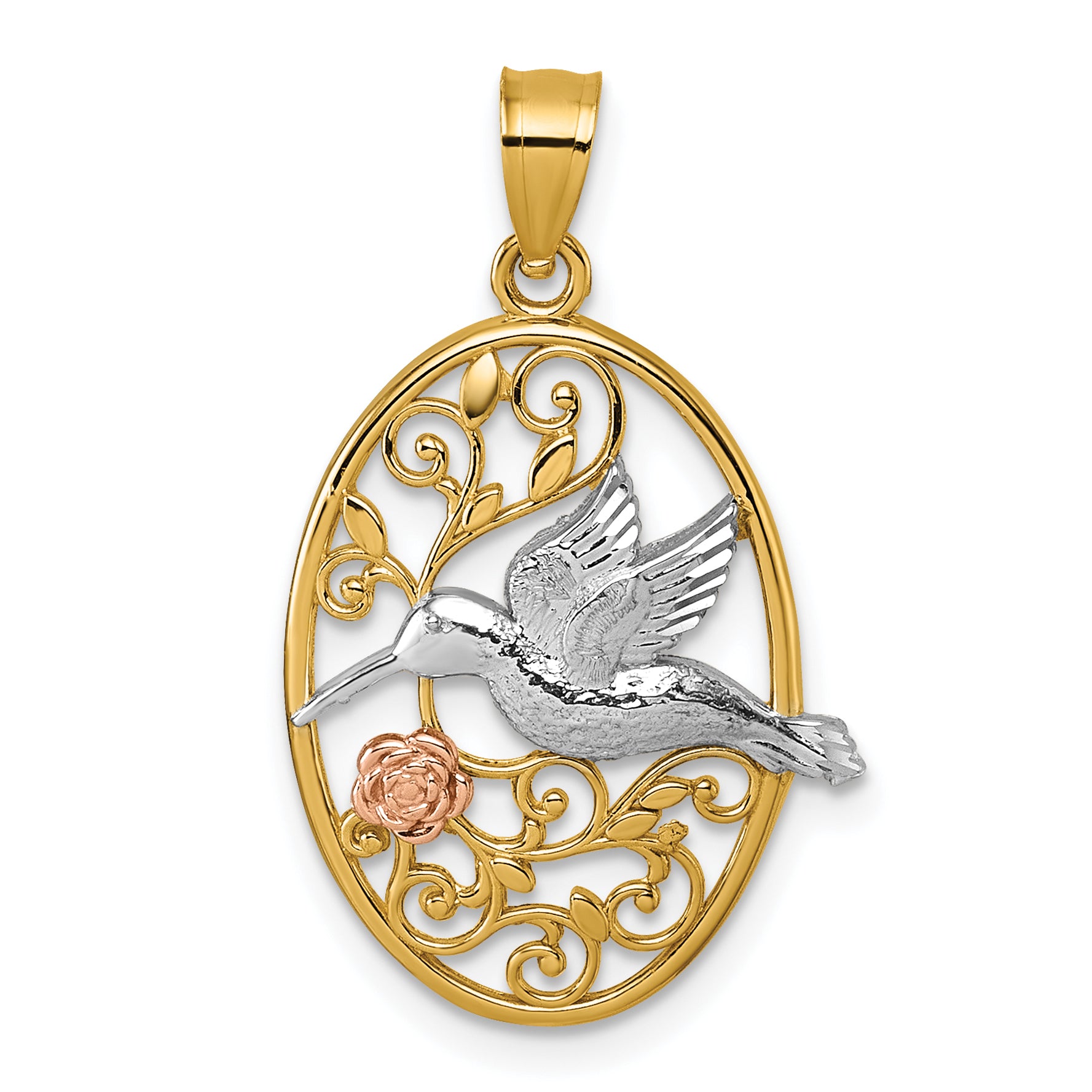 14k Two-tone with White Rhodium Polished Hummingbird and Flower Filigree Pendant