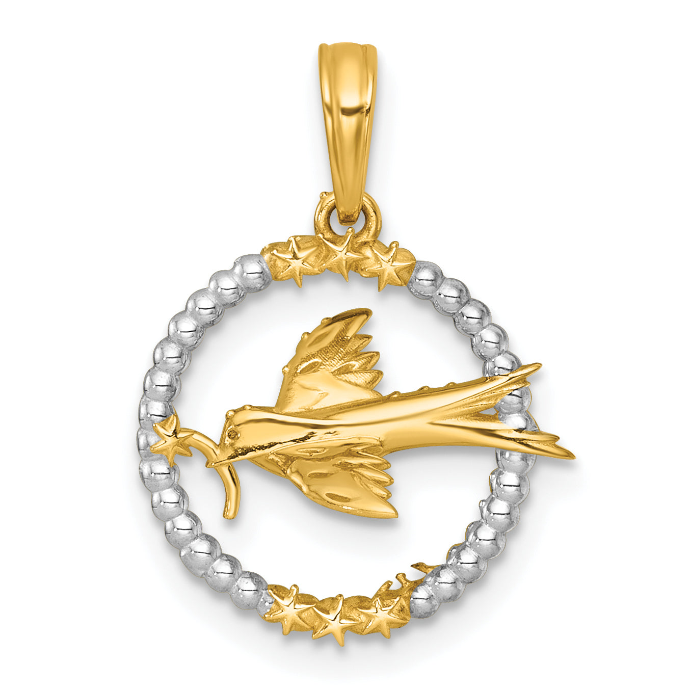 14k with White Rhodium Polished Flying Bird In Circle with Stars Charm
