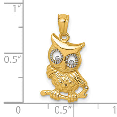 14k and Rhodium Polished and Textured Owl Pendant