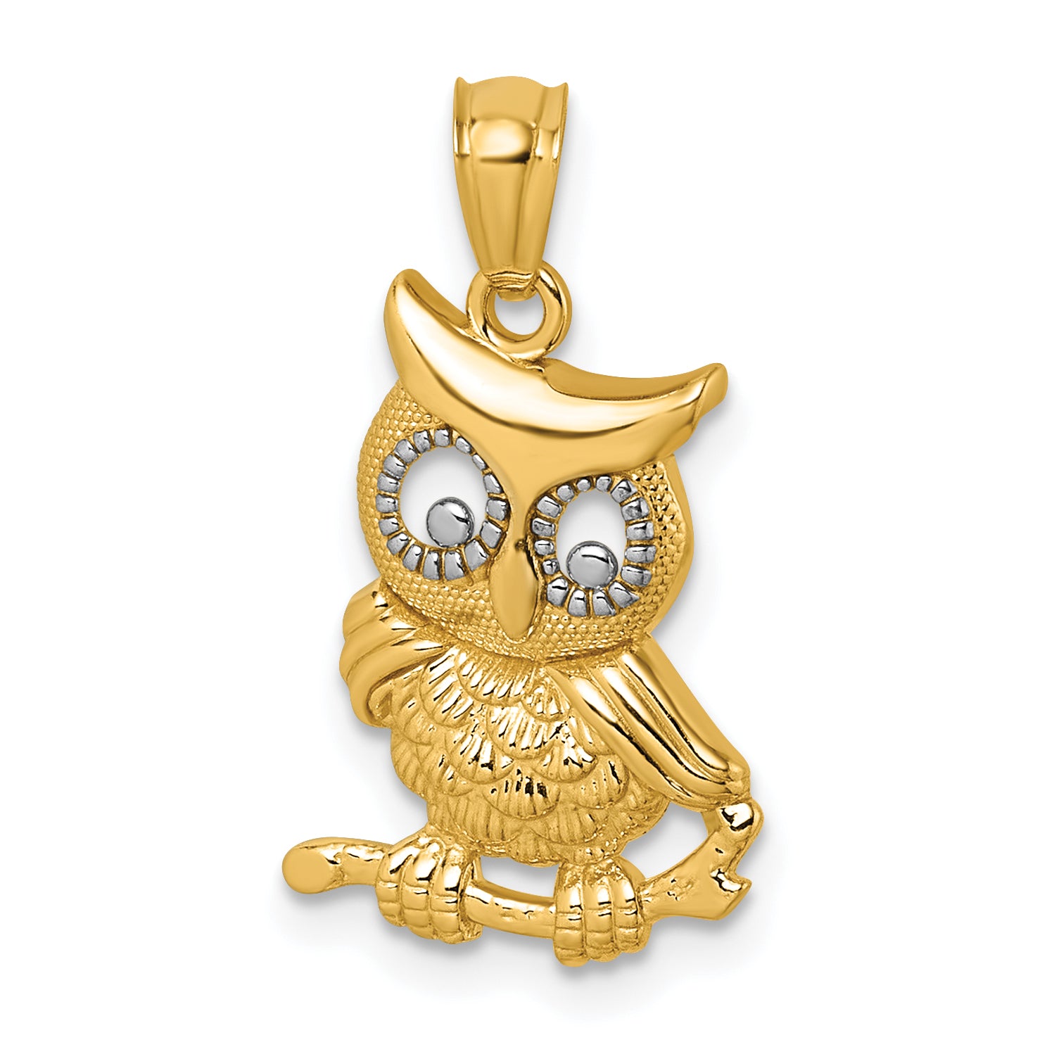 14k and Rhodium Polished and Textured Owl Pendant