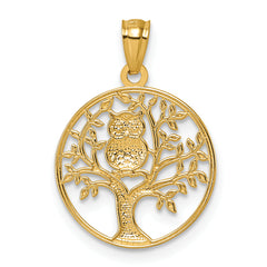 14k and Rhodium Textured Owl Sitting In Tree In Circle Pendant