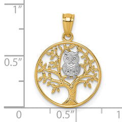 14k and Rhodium Textured Owl Sitting In Tree In Circle Pendant