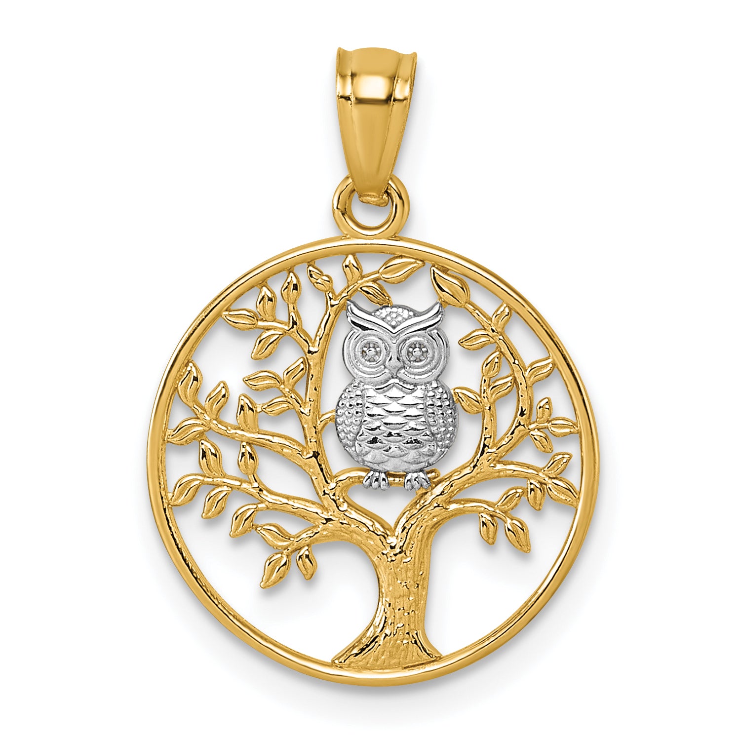 14k and Rhodium Textured Owl Sitting In Tree In Circle Pendant