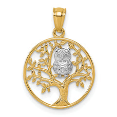 14k and Rhodium Textured Owl Sitting In Tree In Circle Pendant