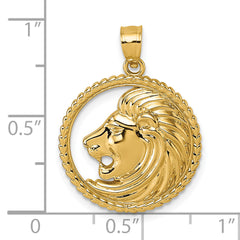 14k Polished Lion with Mane in Textured Circle Pendant