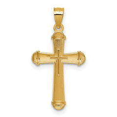 14k Polished and Diamond-cut Grooved Hollow Back Cross Pendant