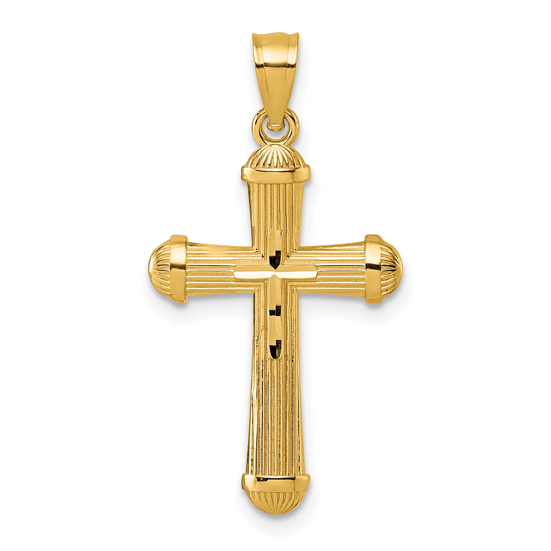 14k Polished and Diamond-cut Grooved Hollow Back Cross Pendant