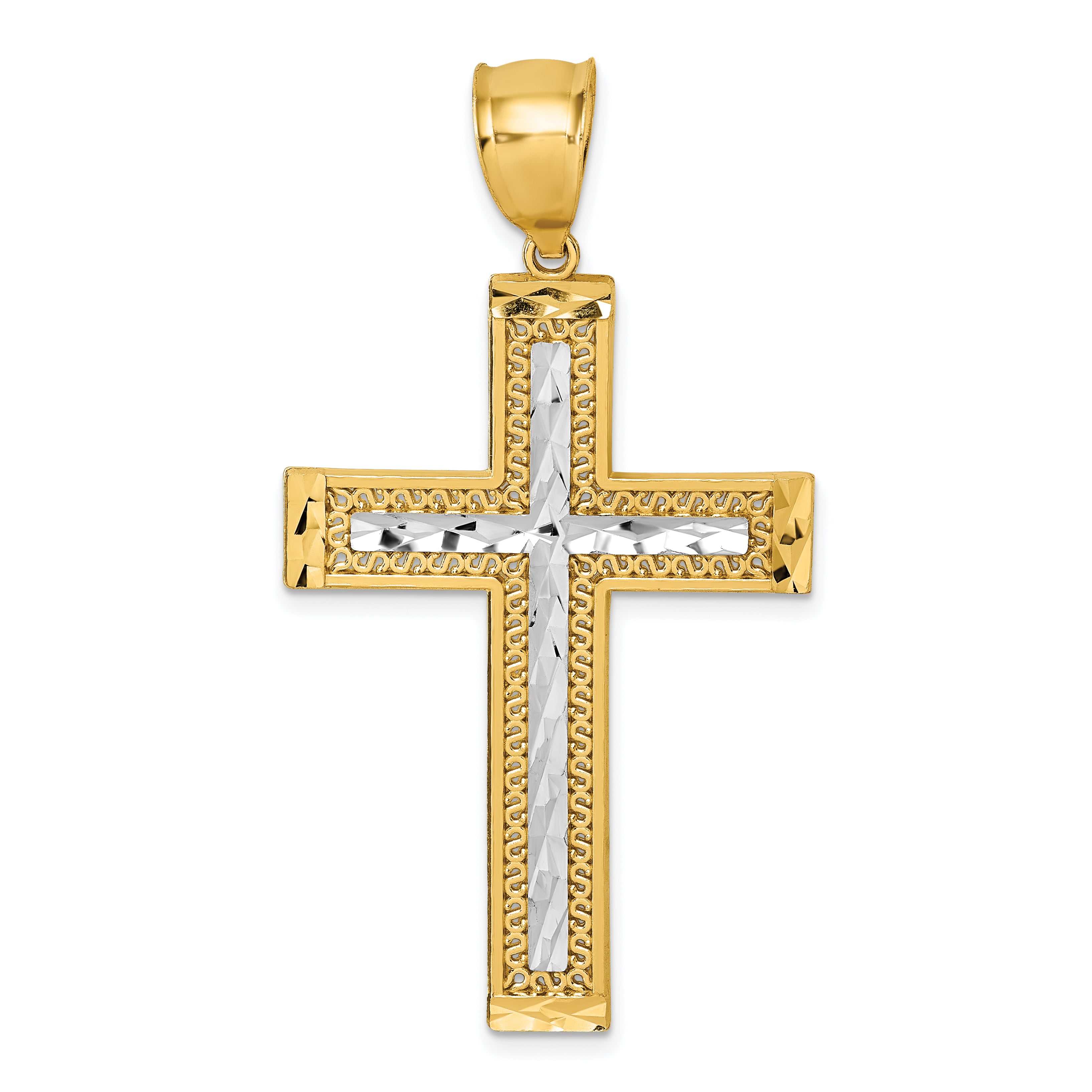 14k Polished with Rhodium Diamond-cut Textured Fancy Latin Cross Pendant