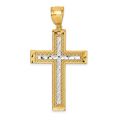 14k Polished with Rhodium Diamond-cut Textured Fancy Latin Cross Pendant