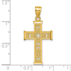 14k Polished Diamond-cut Textured Fancy Pierced Design Cross Pendant