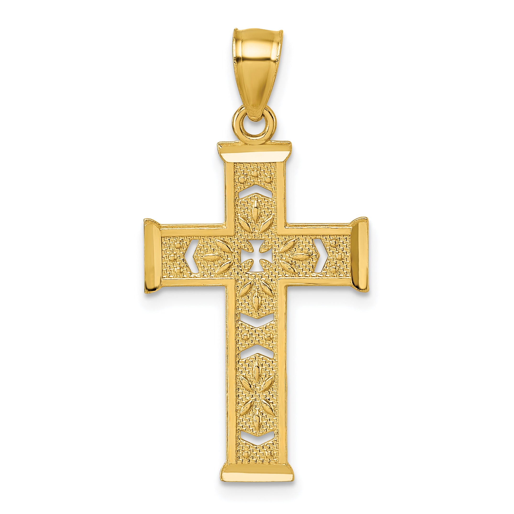 14k Polished Diamond-cut Textured Fancy Pierced Design Cross Pendant