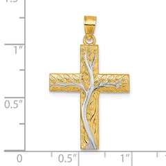 14k and Rhodium Polished Floral Tree with Leaves Hollow Back Cross Pendant