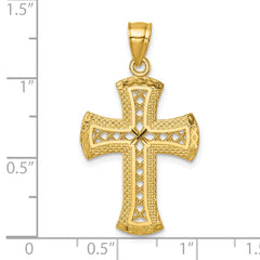 14k Polished Diamond-cut Textured Fancy Pierced Lattice Design Cross Pendant