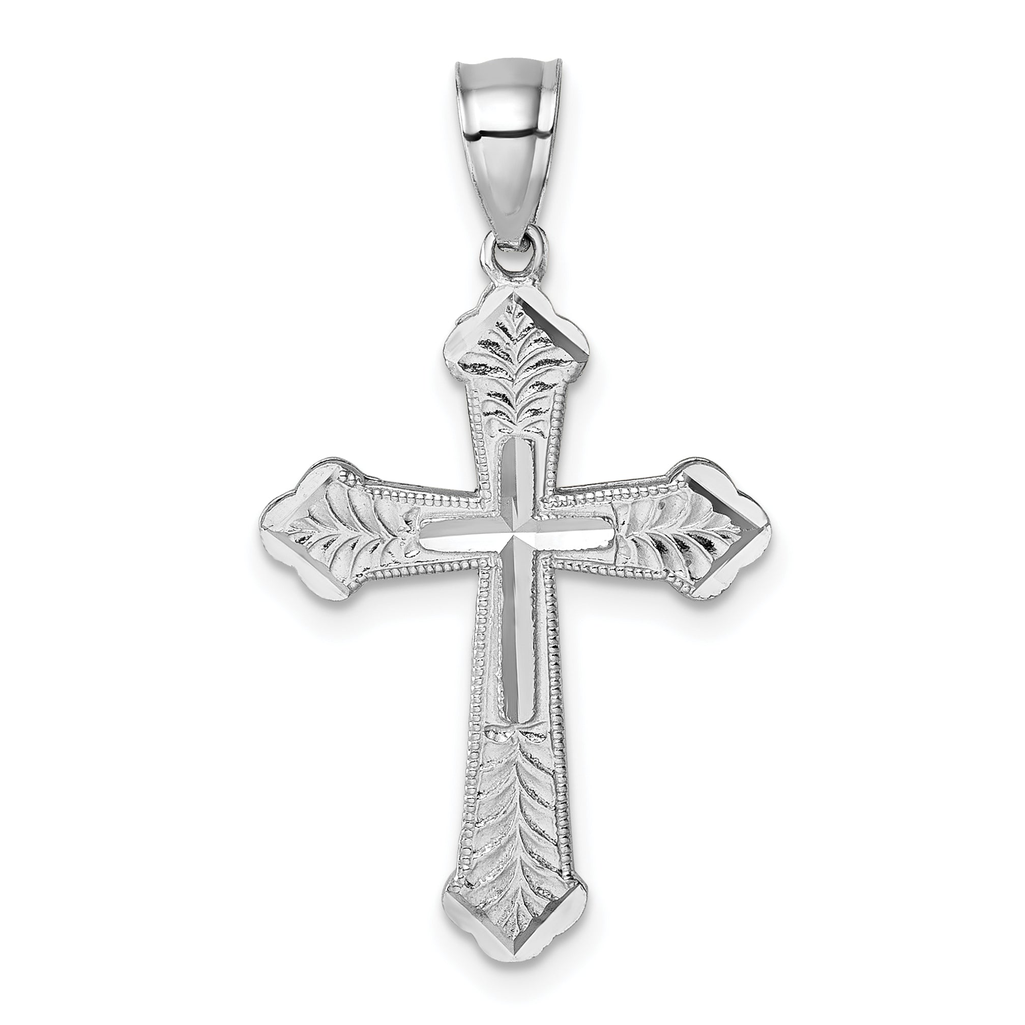 14k Polished White Gold Diamond-cut Fancy Budded Cross Pendant
