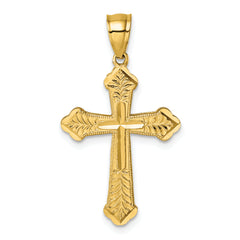 14k Polished Diamond-cut Textured Fancy Budded Cross Pendant