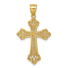 14k Polished Diamond-cut Fleur de Lis Filigree Textured Fancy Cross Pendant