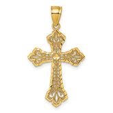 14k Polished Diamond-cut Fleur de Lis Filigree Textured Fancy Cross Pendant