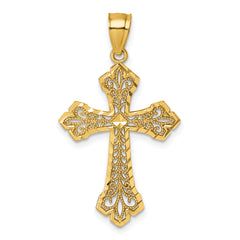 14k Polished Diamond-cut Fleur de Lis Filigree Textured Fancy Cross Pendant