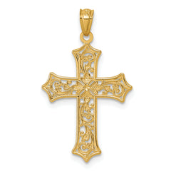 14k and Rhodium Polished Center Flower Filigree Cross Pendant