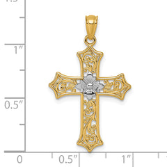 14k and Rhodium Polished Center Flower Filigree Cross Pendant