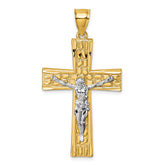 14k Polished with Rhodium Diamond-cut Nugget Crucifix Pendant